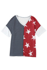 Dark Blue Stripes Stars Print Knit V Neck Short Sleeve Top
