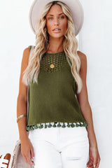 Green Tasseled Crochet Hollow-out Knit Tank Top