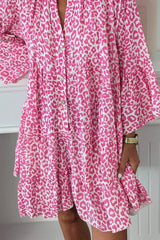Bright Pink Leopard Print Flounce Sleeve Mini Dress