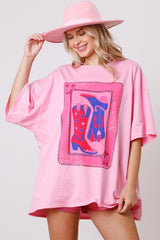 Pink Boots Card Graphic Oversized Round Neck T Shirt