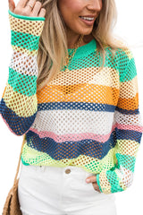 Green Colorblock Striped Hollow Knitted Top