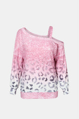 Pink Leopard Patchwork One Shoulder Long Sleeve Top