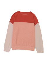 Red Color Block Cording Loose Long Sleeve Top