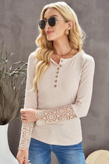 Beige Ribbed Lace Crochet Long Sleeve Henley Shirt for Women - Ninonine