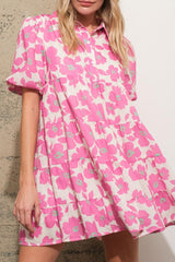 Pink Boho Floral Lantern Sleeve Flared Mini Dress - Ninonine