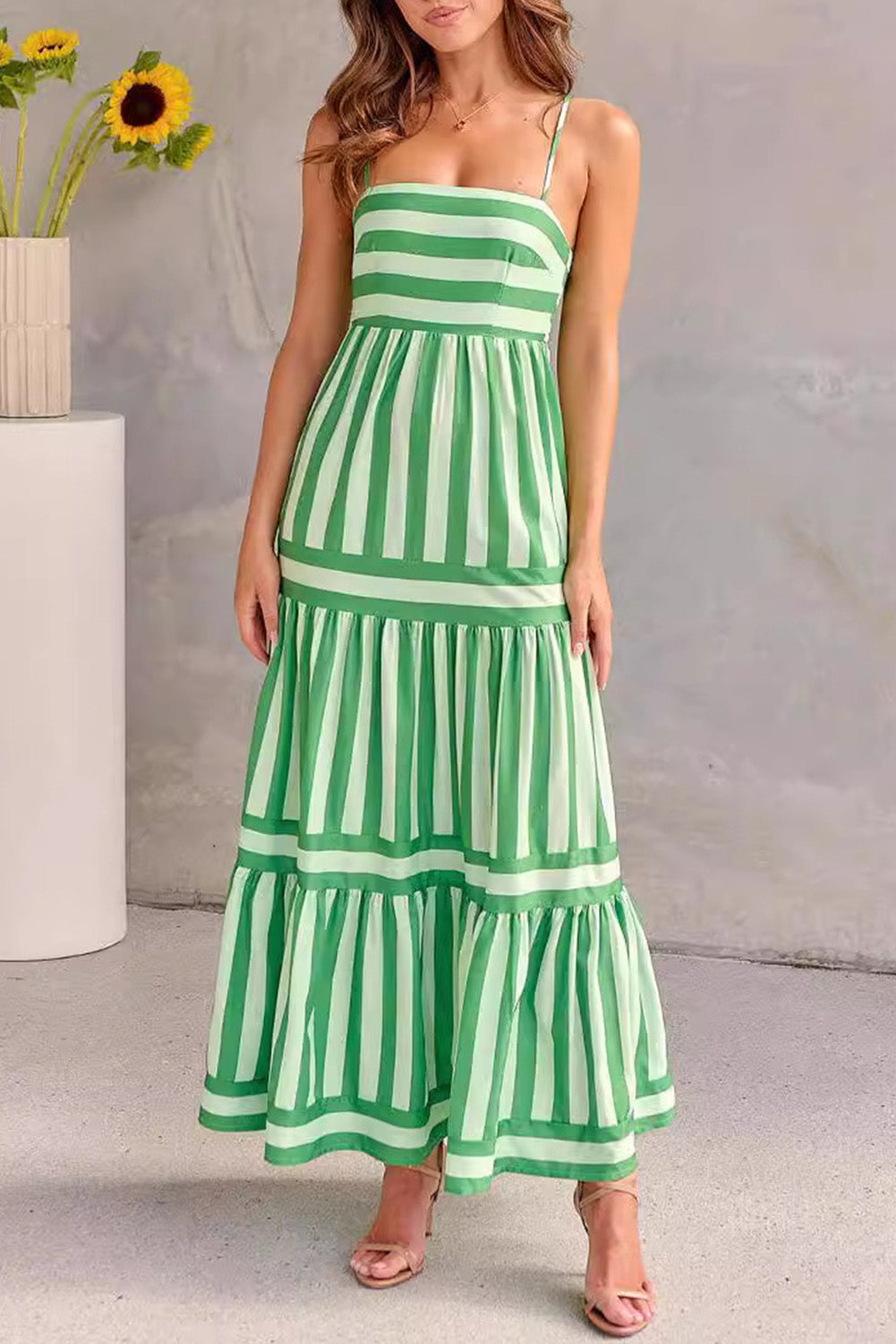 Green Striped Spaghetti Strap Smocked Tiered Dress