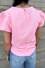 Pink Textured Puff Sleeve Round Neck T-Shirt - Ninonine