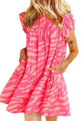 Pink Zebra Stripe Print Ruffle Trim Pocketed Mini Dress