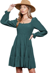 Mist Green Long Sleeve Smocked Tiered Boho Dress