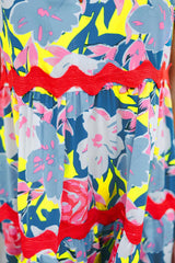 Sky Blue Floral Printed V Notched Ric Rac Flutter Dress