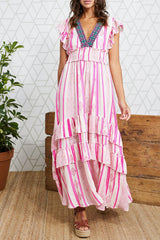 Pink Striped Geometric Print V Neck Ruffle Flared Maxi Dress - Ninonine