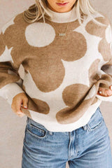 Khaki Floral Pattern Ribbed Trim Pullover Sweater - Ninonine