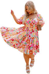 Pink Plus Size Puff Sleeve Smocked Floral Dress
