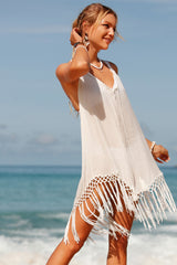 White Tasseled Hem Backless Halter Beach Dress