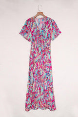 Wholesale Abstract Print Wrap V Neck Flutter Sleeve Mid Length Summer Dress