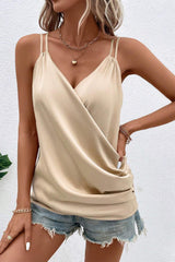 Apricot Wrapped Ruched Satin Double Spaghetti Strap Cami Top