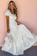 White Frill Neckline Shirred Bodice Floral Maxi Dress