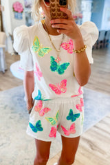 White Colorful Sequin Butterfly Pattern Puff Sleeve Top & Shorts Set
