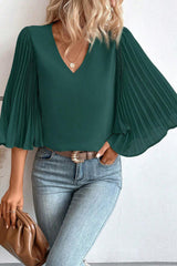 Green Pleated Batwing Sleeve V Neck Blouse