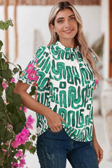 Blackish Green Abstract Floral Print Frilled Neck Puff Sleeve Blouse