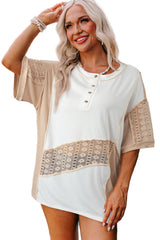 White Lace Splicing Ribbed Patchwork Short Sleeve Henley Top - Ninonine