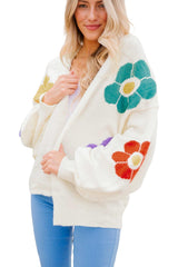 Bright White 60s Flower Jacquared Bubble Sleeve Open Cardigan