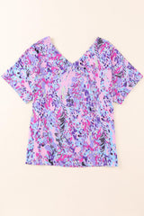 Pink Boho Abstract Floral Print V Neck T Shirt - Ninonine