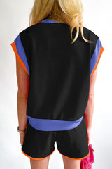 Black Color Block Loose Fit Top and Elastic Waist Shorts Set