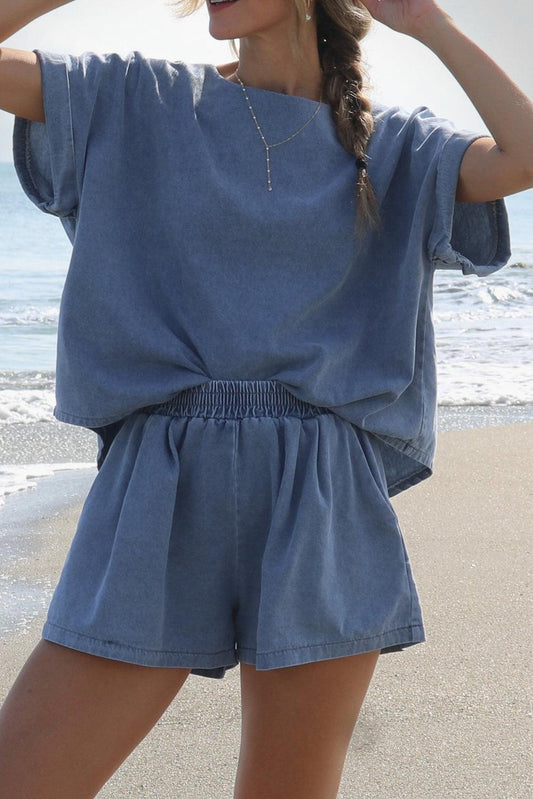 Light Blue Denim Loose Fit Tee and Shorts Set