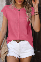 Rose Red Knit Exposed Seam Cap Sleeve Round Neck T Shirt