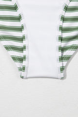 White Stripe Color Block Zipper Back Cutout High Waist Bikini Set