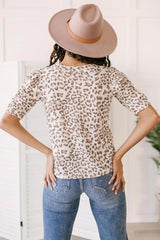 Multicolour Leopard Print Ruched Sleeve Ribbed T-Shirt