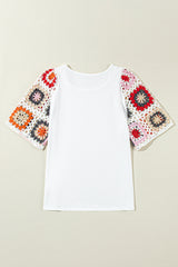 White Floral Hollowed Crochet Sleeve Boho T Shirt