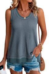 Real Teal Scoop Neck Waffle Knit Patchwork Flowy Tank Top