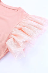 Pink Casual Dotty Layered Ruffle Ribbed Knit Top - Ninonine