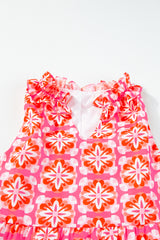 Pink Abstract Print Frill Split Neck Tiered Maxi Dress