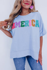 Mist Blue AMERICA Letter Patched Split Loose T Shirt