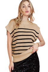 Parchment Striped Knit Mock Neck Short Sleeve Sweater - Ninonine