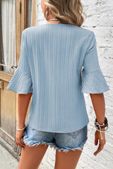 Beau Blue Ruffled Short Sleeve V Neck Textured Blouse - Ninonine
