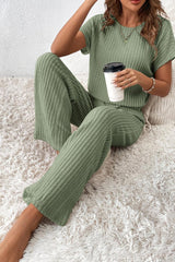 Grass Green Solid Color Ribbed Short Sleeve Wide Leg Jumpsuit - Ninonine