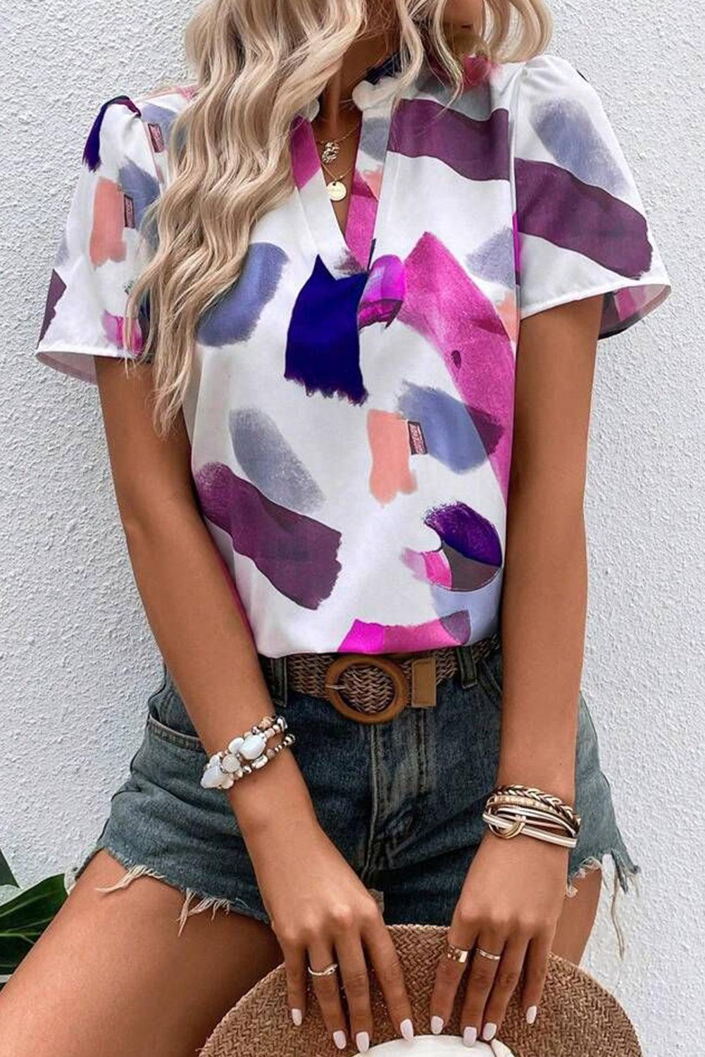 White Abstract Print Notched Neckline Puff Sleeve Blouse - Ninonine