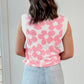 Pink Floral V Neck Contrast Trim Knitted Vest
