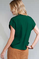 Green Patch Pocket Ribbed Knit Short Sleeve Sweater