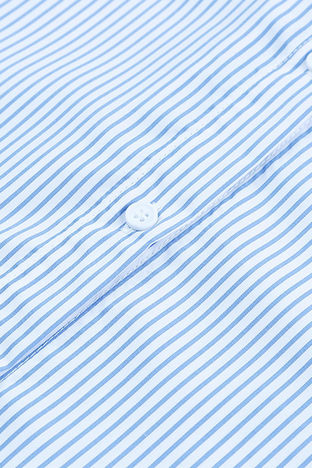 Light Blue Striped Casual Shirred Cuffs Shirt - Ninonine