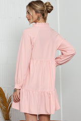 Pink Casual Stand V Neck Short Frill Dress