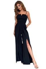 Black Spaghetti Straps Casual Slit Wide Leg Jumpsuit With Pockets
