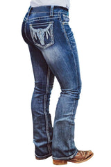 Light Blue Casual Embroidered Animal Straight Leg Jeans