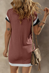 Light French Beige Rib Textured Colorblock Contrast Pocket T Shirt Dress