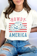 White HOWDY AMERICA Hat Graphic Round Neck T Shirt