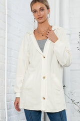 Beige Solid Color Button Down Long Hooded Cardigan
